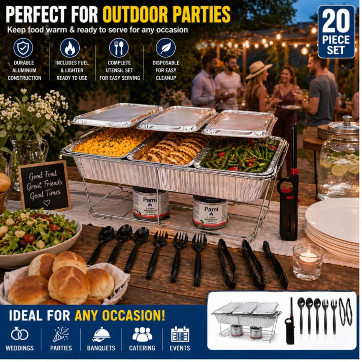 20 Piece Chafing Dish Buffet Set with 5LB Loaf Pans, Fuel & Utensils Disposable Catering Kit Disposable VeZee