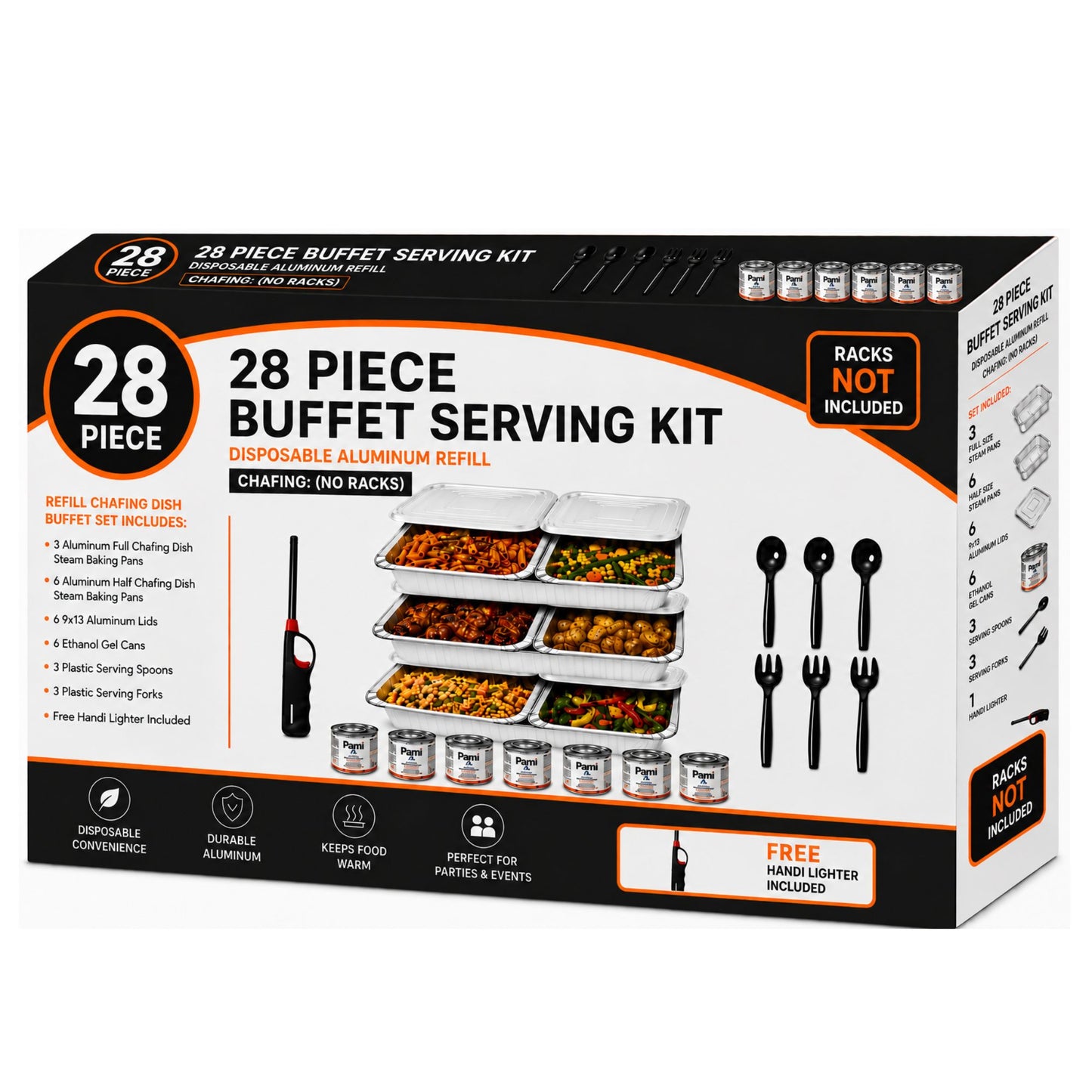 28 Piece Buffet Serving Kit Disposable Aluminum Refill Chafing Set (No Racks) with Pans, Lids, Fuel Cans & Serving Utensils Disposable VeZee