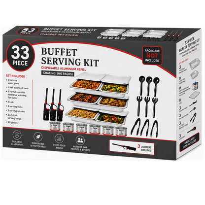 33 Piece Buffet Serving Kit Disposable Aluminum Refill Chafing Set (No Racks) with Pans, Lids, Fuel Cans, Serving Utensils & Lighters Disposable VeZee