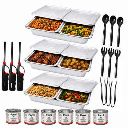 33 Piece Buffet Serving Kit Disposable Aluminum Refill Chafing Set (No Racks) with Pans, Lids, Fuel Cans, Serving Utensils & Lighters Disposable VeZee