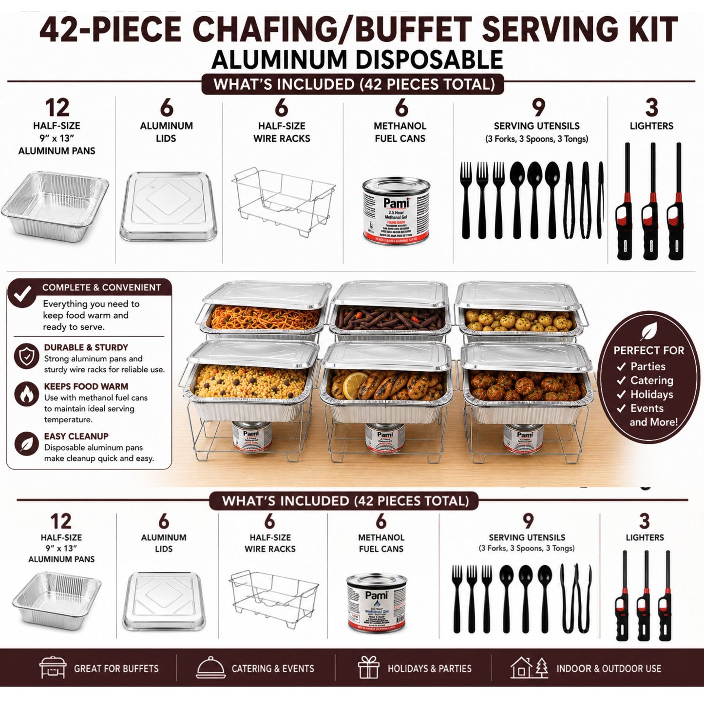 42-Piece Disposable Half Size Chafing Dish Buffet Set with Fuel & Utensils Disposable VeZee