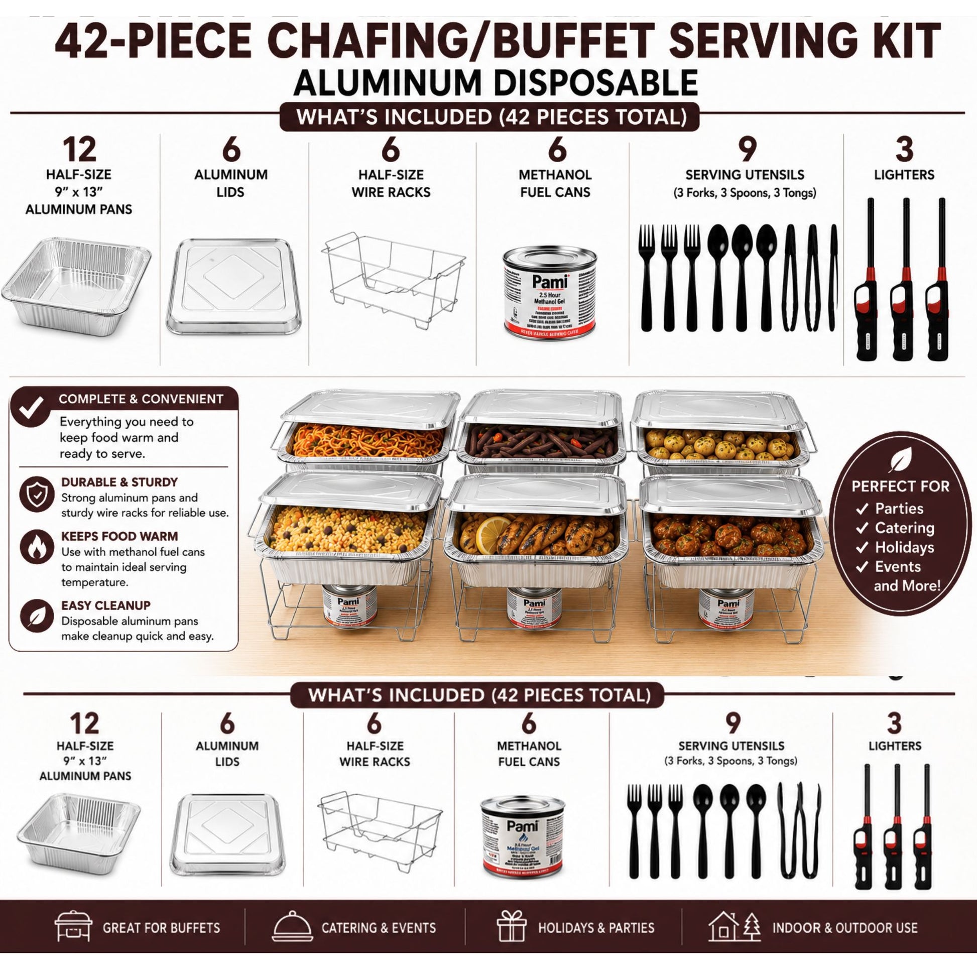 42-Piece Disposable Half Size Chafing Dish Buffet Set with Fuel & Utensils Disposable VeZee