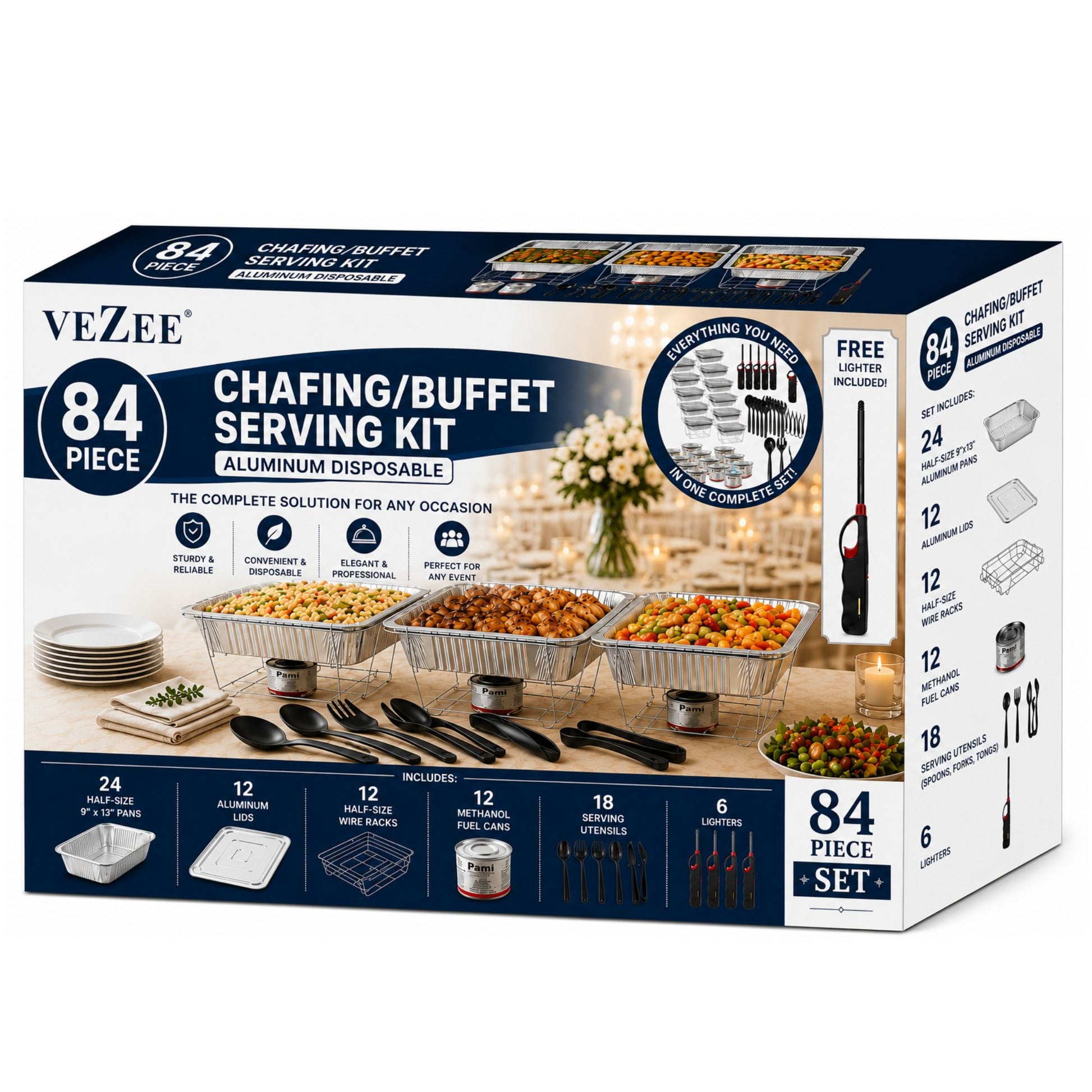 84-Piece Chafing/Buffet Serving Kit Aluminum Disposable Half Size Set Disposable VeZee