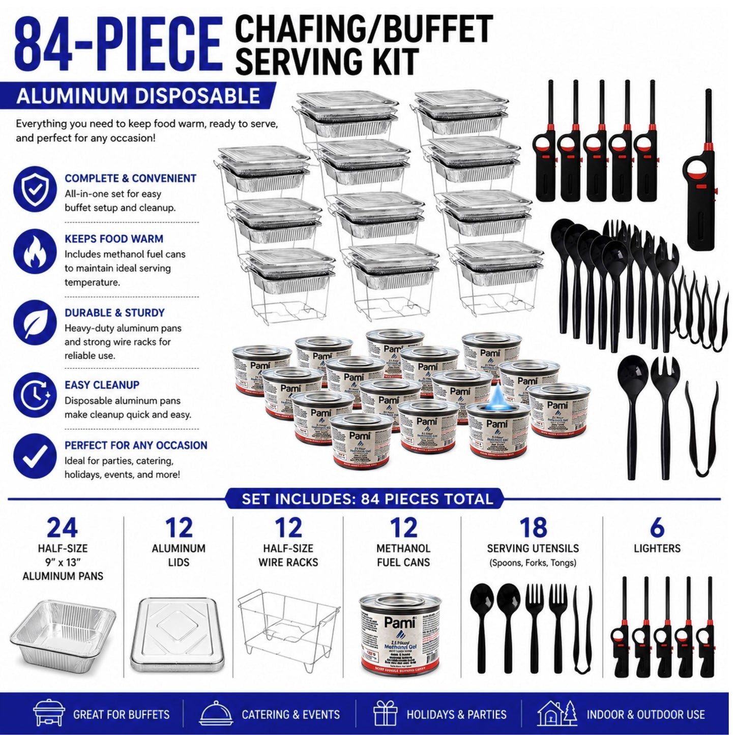 84-Piece Chafing/Buffet Serving Kit Aluminum Disposable Half Size Set Disposable VeZee