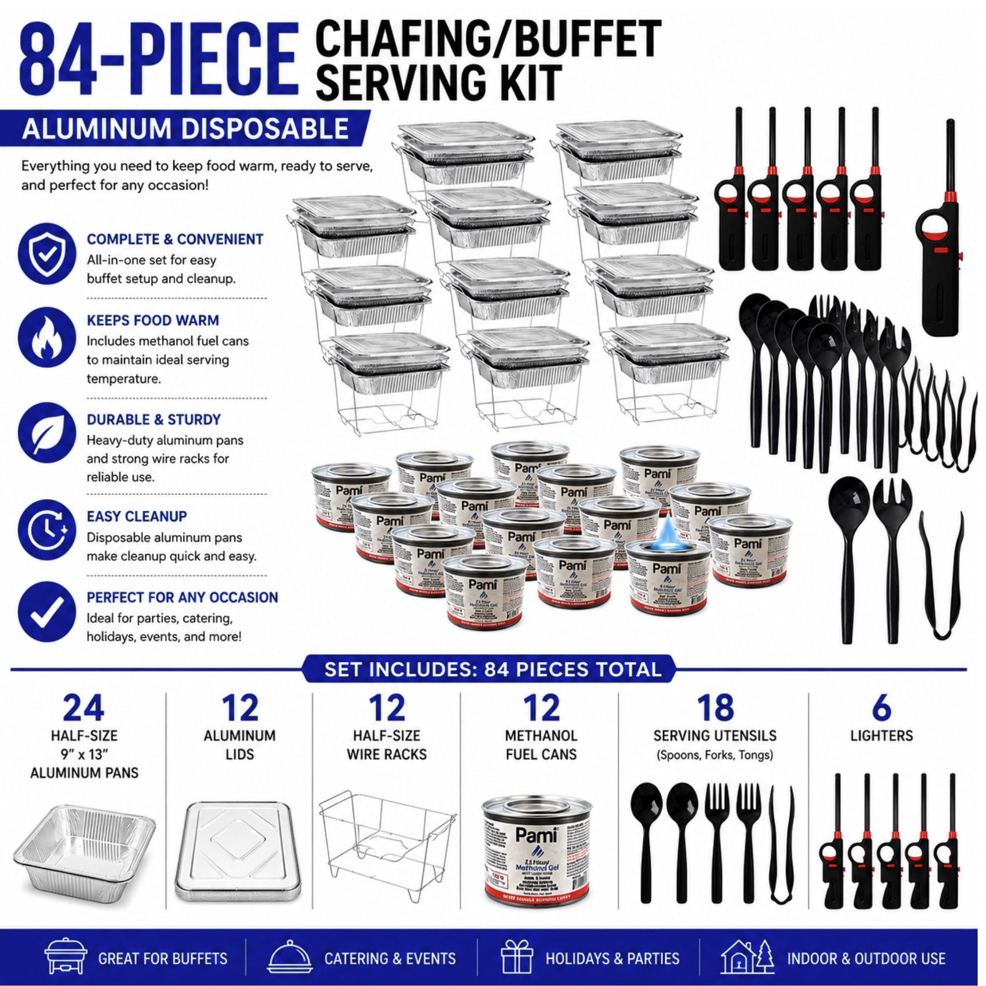 84-Piece Chafing/Buffet Serving Kit Aluminum Disposable Half Size Set Disposable VeZee