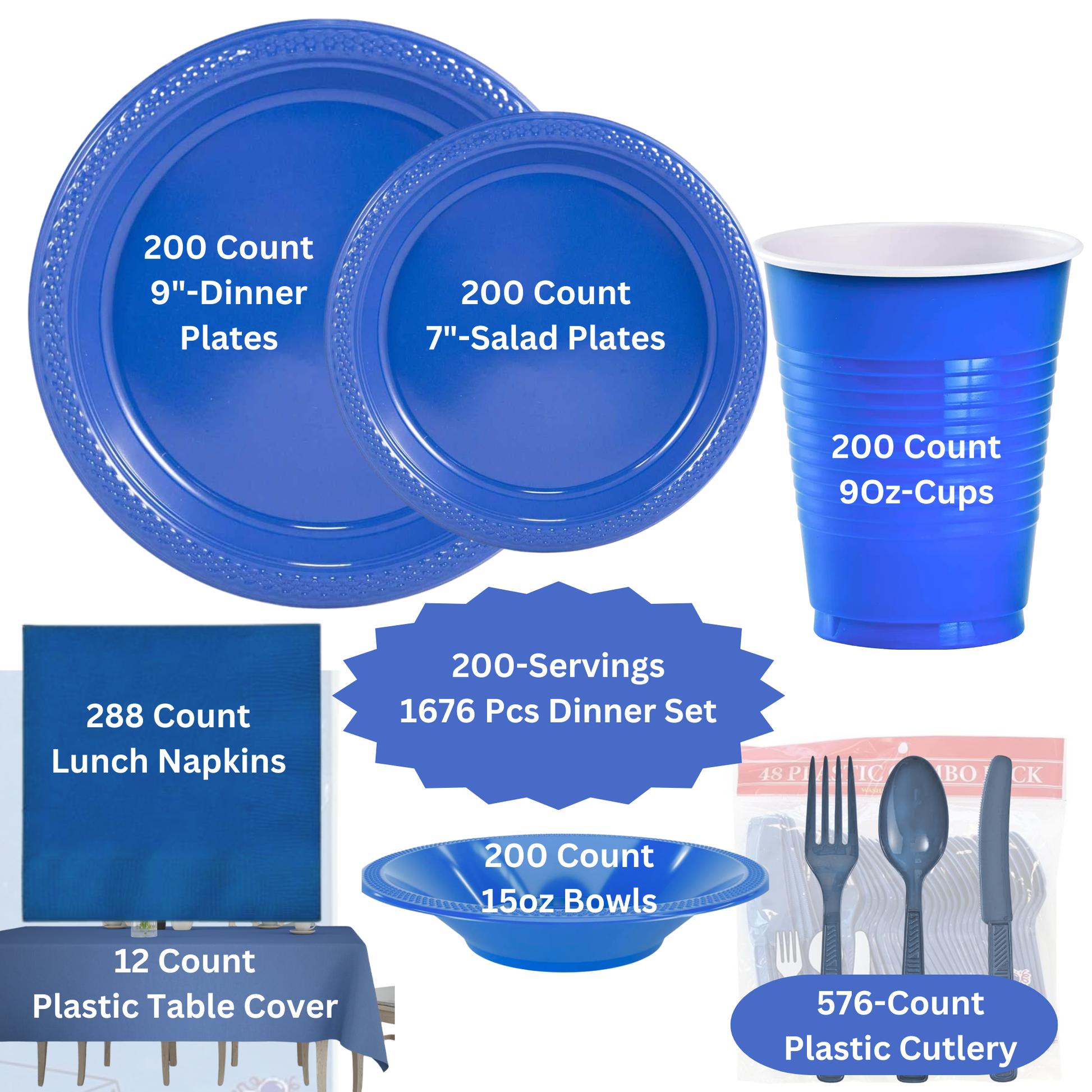 COMBO-PARTY SET: BLUE-Complete Disposable Dining Solution for Your Event Disposable Tableware Hanna K Signature 200 Guest Servings ⟹10% off