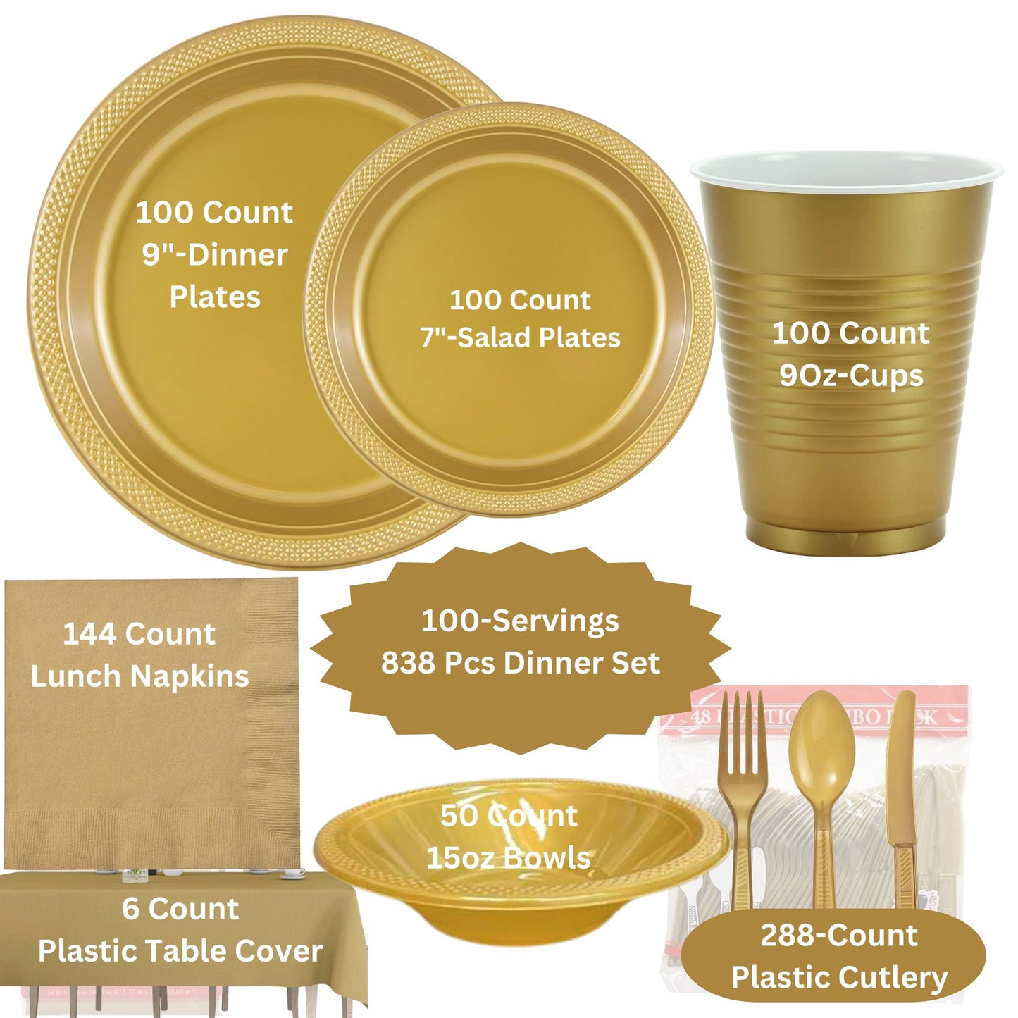 COMBO-PARTY SET: GOLD-Complete Disposable Dining Solution for Your Event Disposable Tableware Hanna K Signature 100 Guest Servings ⟹5% off
