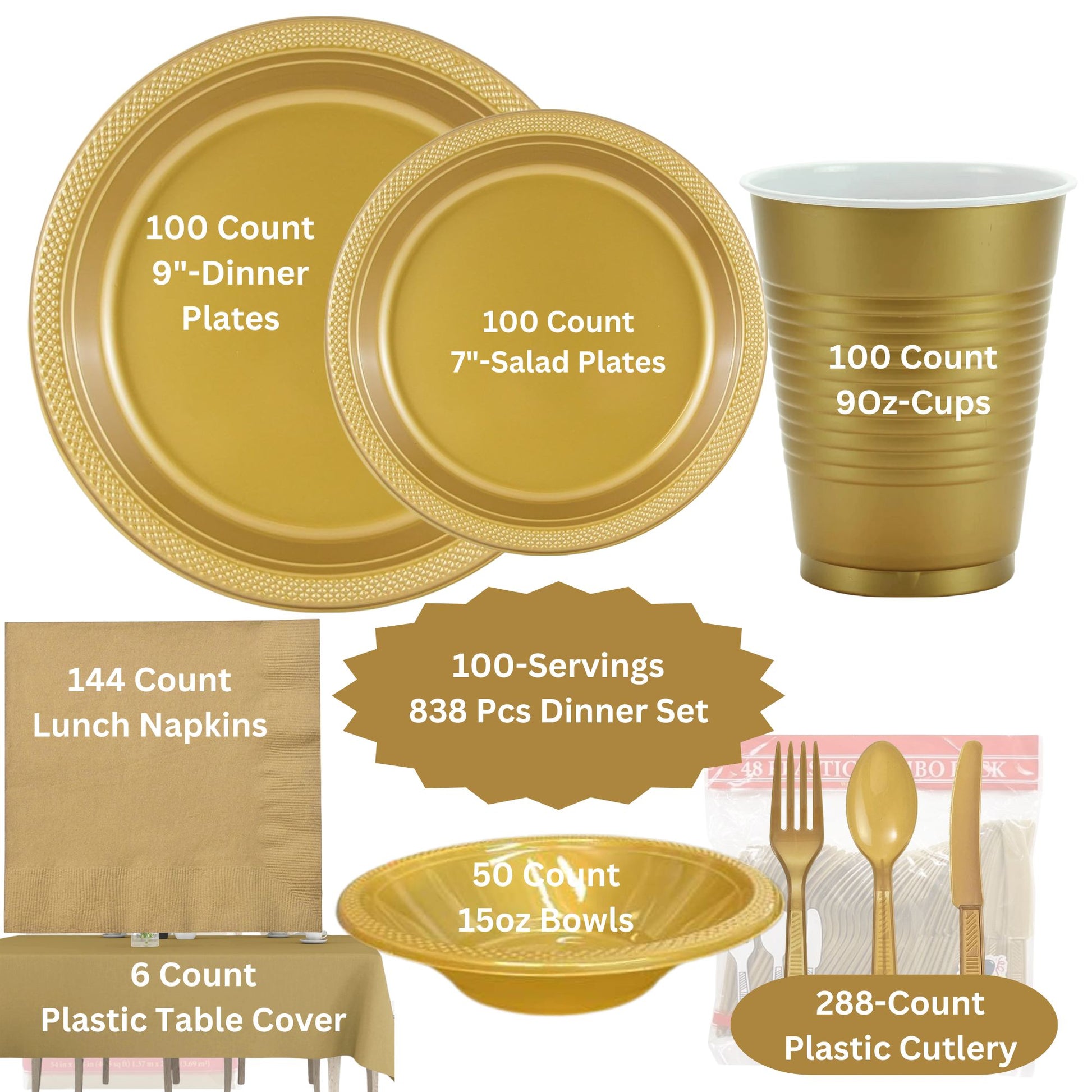COMBO-PARTY SET: GOLD-Complete Disposable Dining Solution for Your Event Disposable Tableware Hanna K Signature 100 Guest Servings ⟹5% off