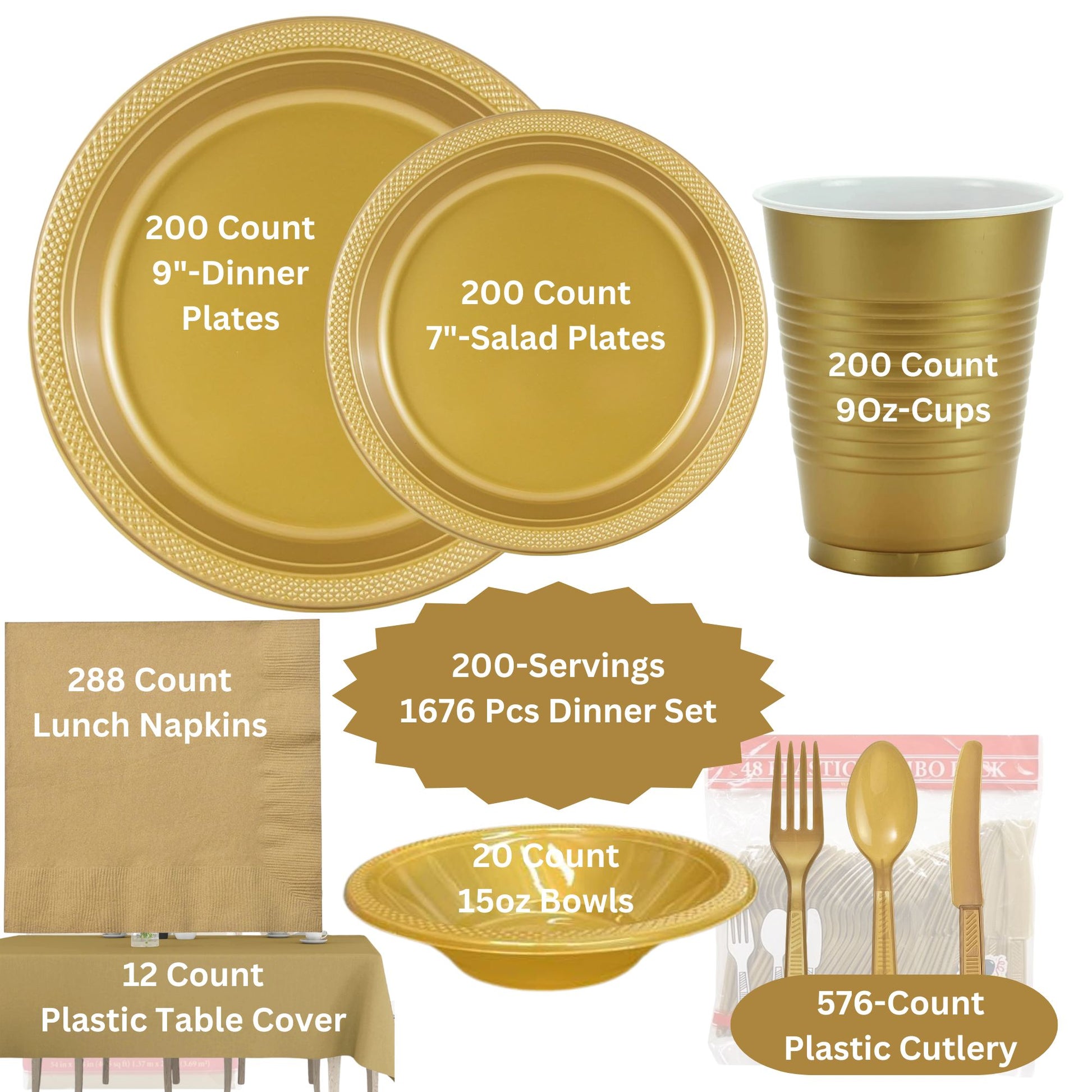 COMBO-PARTY SET: GOLD-Complete Disposable Dining Solution for Your Event Disposable Tableware Hanna K Signature 200 Guest Servings ⟹10% off