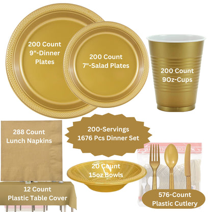 COMBO-PARTY SET: GOLD-Complete Disposable Dining Solution for Your Event Disposable Tableware Hanna K Signature 200 Guest Servings ⟹10% off