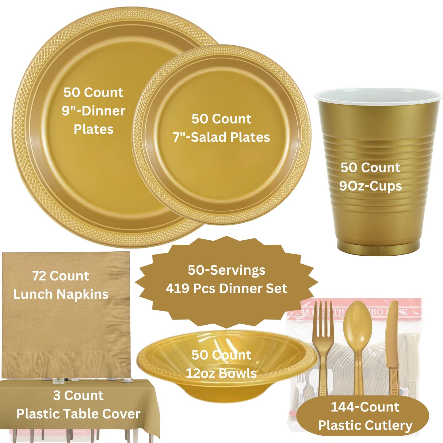 COMBO-PARTY SET: GOLD-Complete Disposable Dining Solution for Your Event Disposable Tableware Hanna K Signature 50 Guest Servings