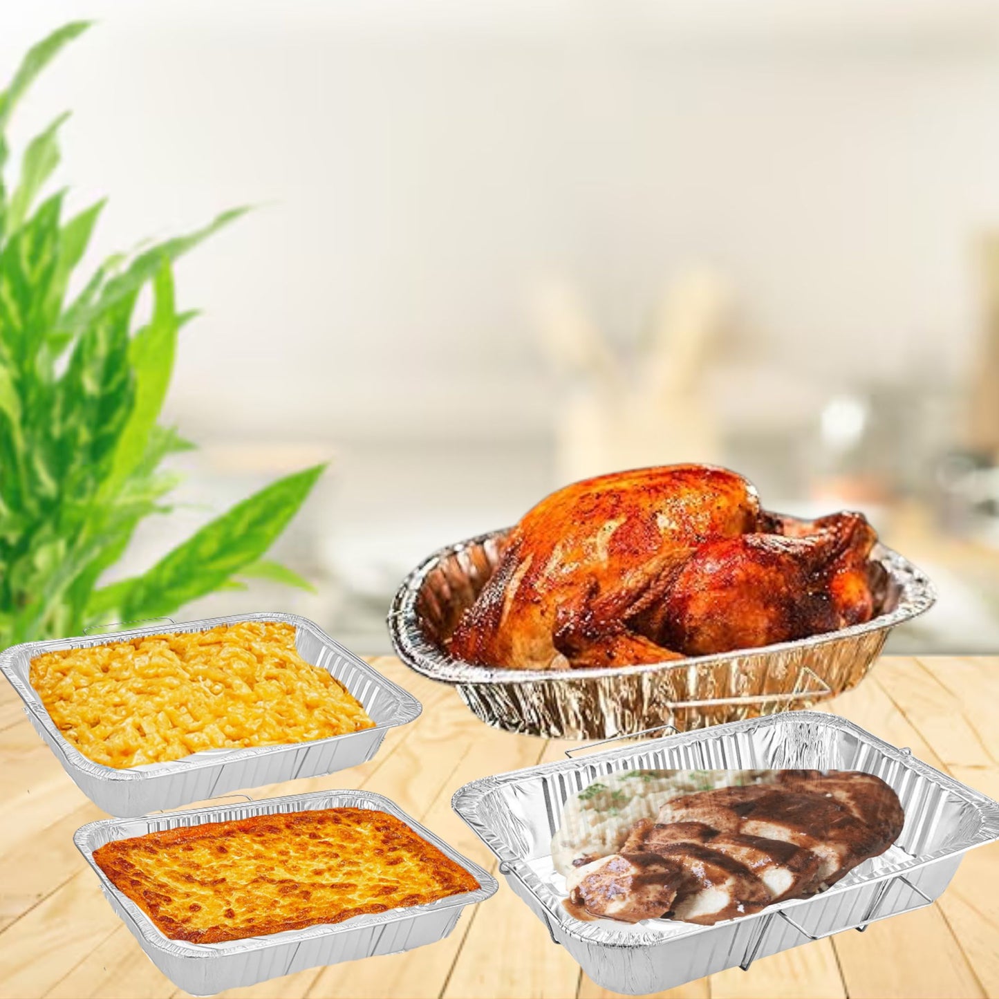 Disposable Aluminum Roaster & Pan Combo Pack with Handle Racks – Turkey Roaster, Full Size, and Half Size Pans