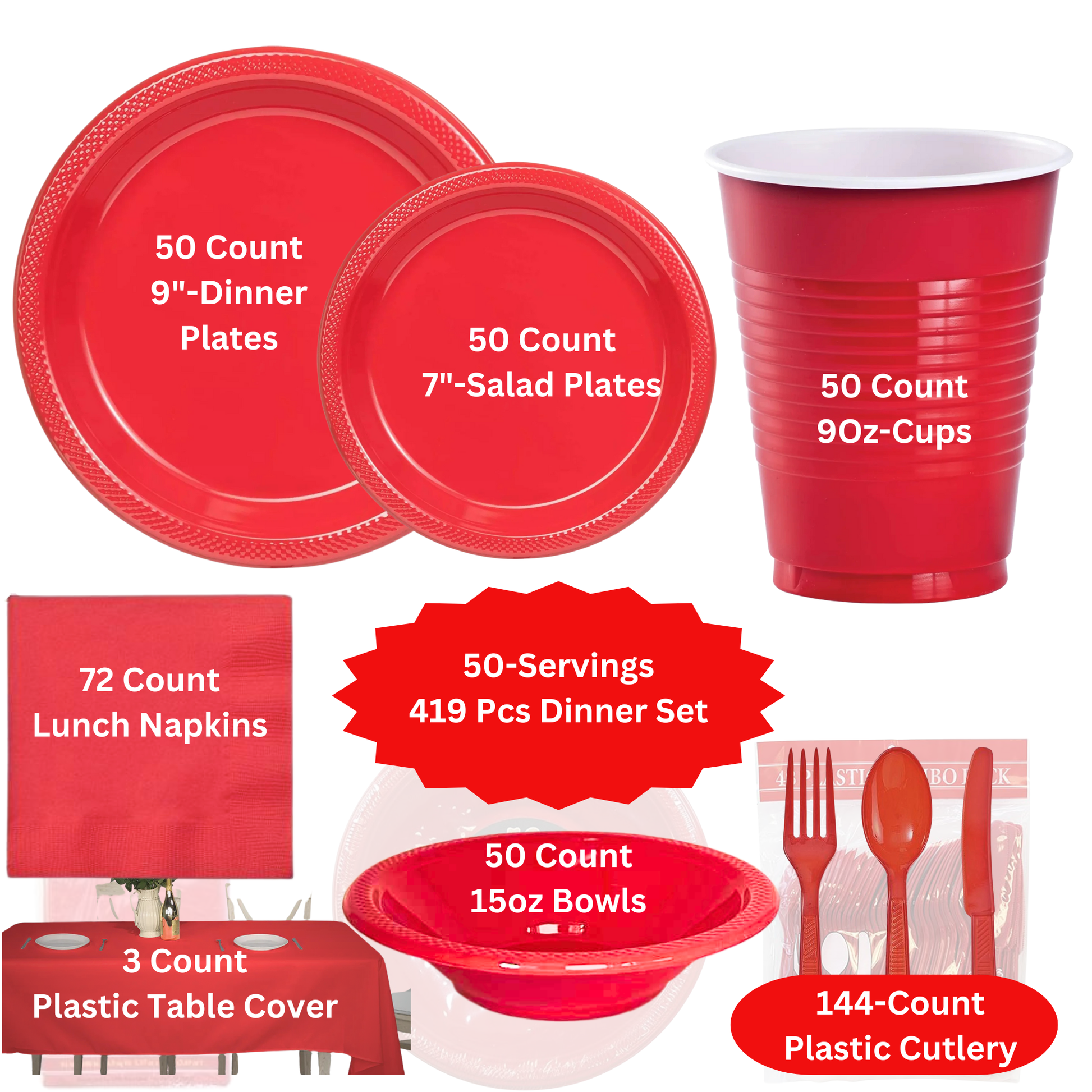 COMBO-PARTY SET: RED-Complete Disposable Dining Solution for Your Event Disposable Tableware Hanna K Signature 50 Guest Servings