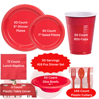 COMBO-PARTY SET: RED-Complete Disposable Dining Solution for Your Event Disposable Tableware Hanna K Signature 50 Guest Servings