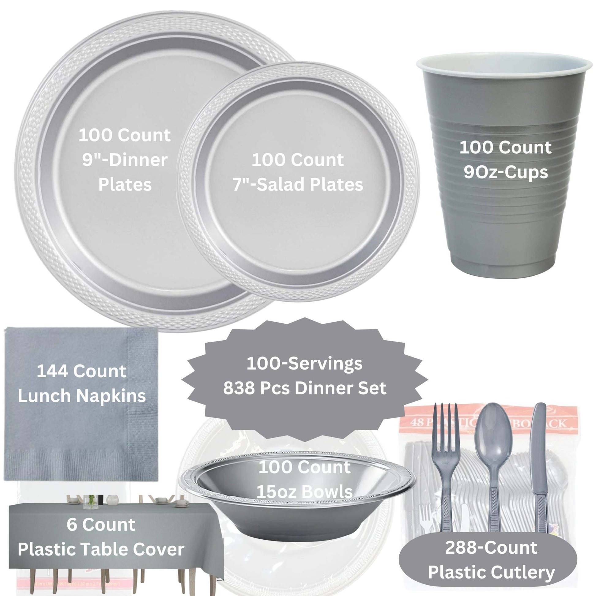COMBO-PARTY SET: SILVER -Complete Disposable Dining Solution for Your Event Disposable Tableware Hanna K Signature 100 Guest Servings ⟹5% off