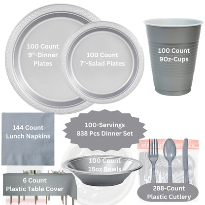 COMBO-PARTY SET: SILVER -Complete Disposable Dining Solution for Your Event Disposable Tableware Hanna K Signature 100 Guest Servings ⟹5% off