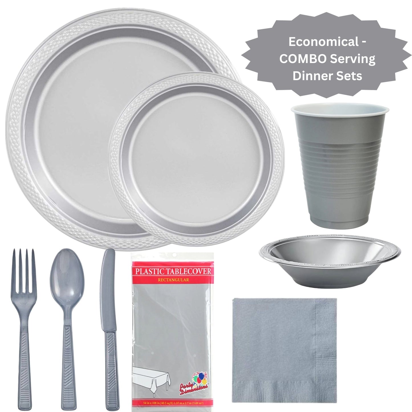 COMBO-PARTY SET: SILVER -Complete Disposable Dining Solution for Your Event Disposable Tableware Hanna K Signature