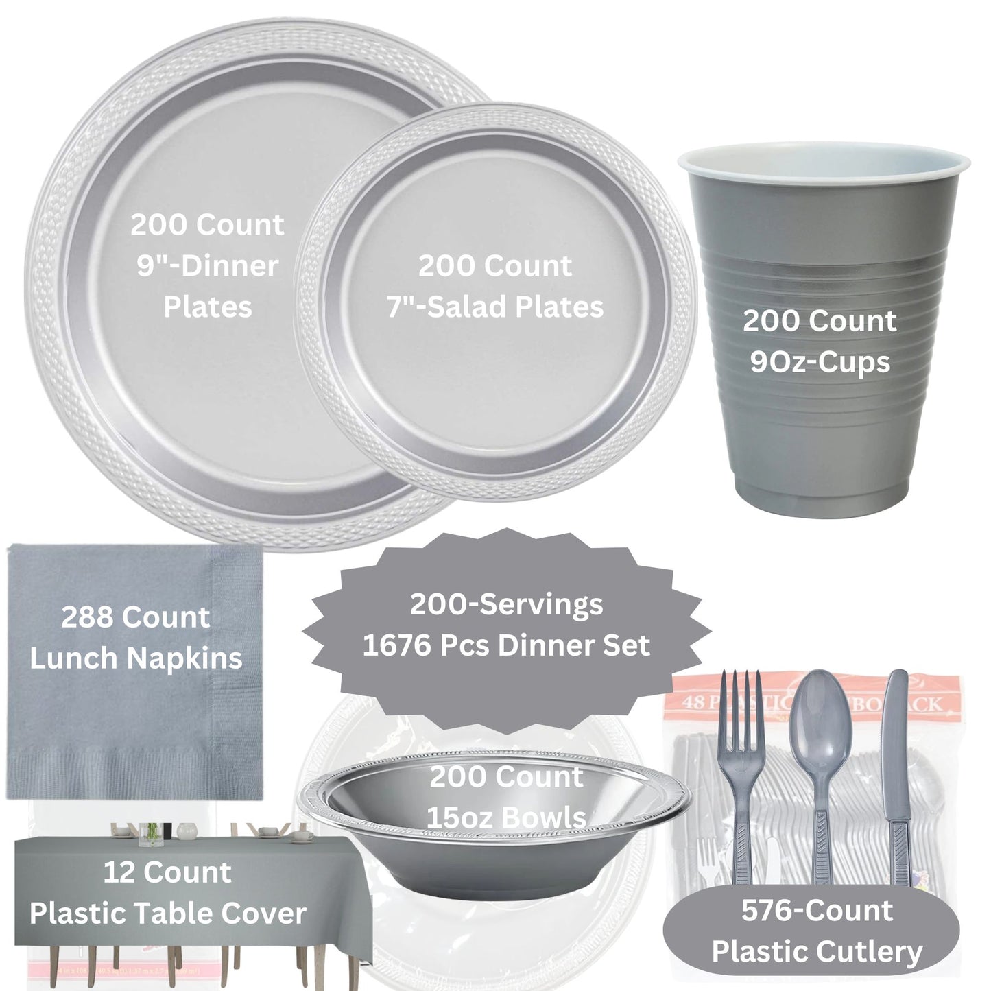 COMBO-PARTY SET: SILVER -Complete Disposable Dining Solution for Your Event Disposable Tableware Hanna K Signature 200 Guest Servings ⟹10% off