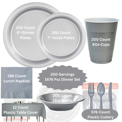 COMBO-PARTY SET: SILVER -Complete Disposable Dining Solution for Your Event Disposable Tableware Hanna K Signature 200 Guest Servings ⟹10% off
