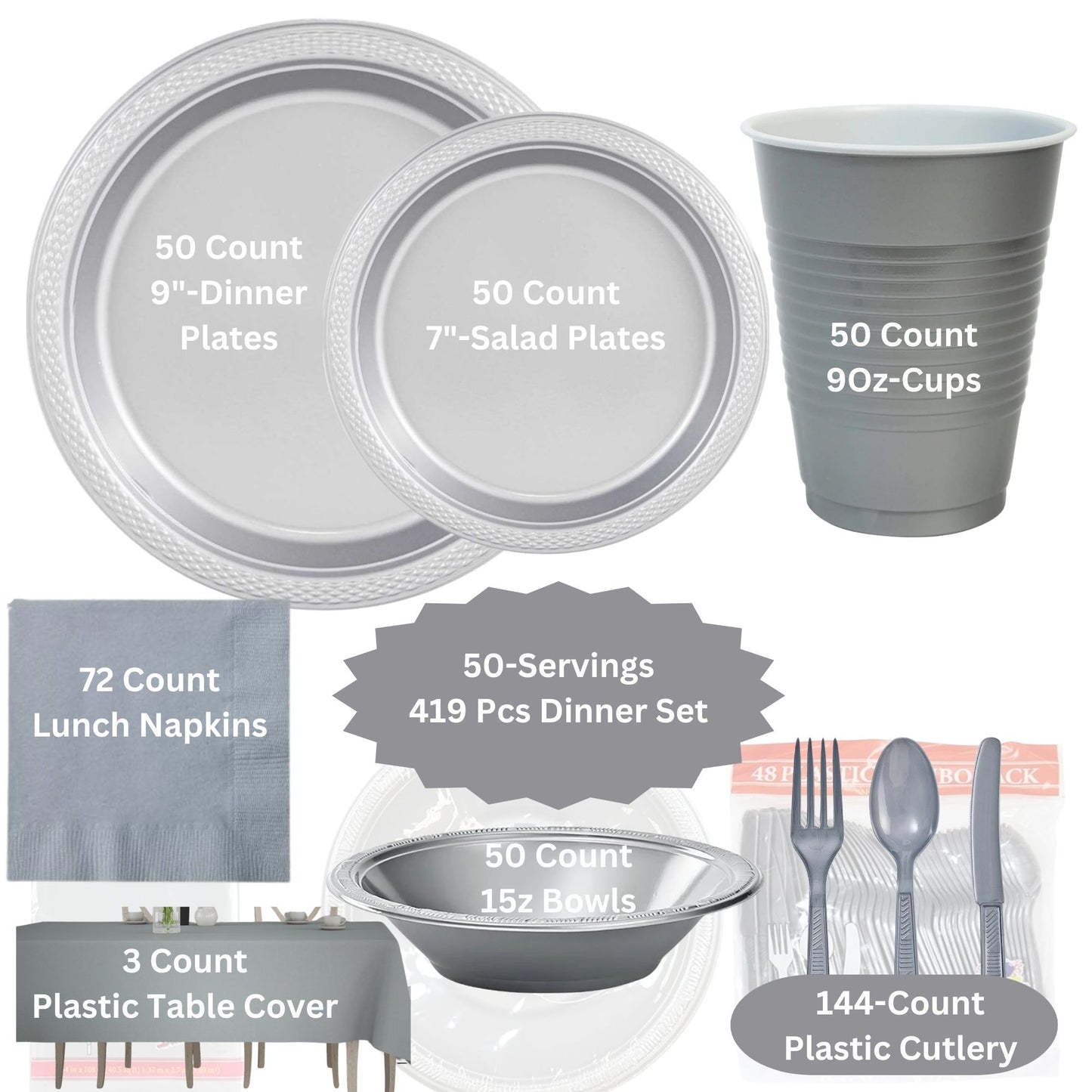 COMBO-PARTY SET: SILVER -Complete Disposable Dining Solution for Your Event Disposable Tableware Hanna K Signature 50 Guest Servings