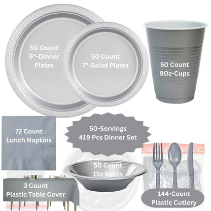 COMBO-PARTY SET: SILVER -Complete Disposable Dining Solution for Your Event Disposable Tableware Hanna K Signature 50 Guest Servings