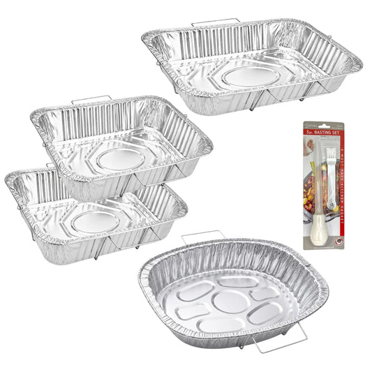 Combo Handle Rack Disposable Aluminum Foil for Turkey Roaster, Full Size, Half Size Pans with Basting Set Disposable Oval Turkey pan VeZee