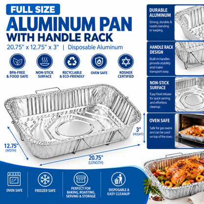 Combo Handle Rack Disposable Aluminum Foil for Turkey Roaster, Full Size, Half Size Pans with Basting Set Disposable Oval Turkey pan VeZee
