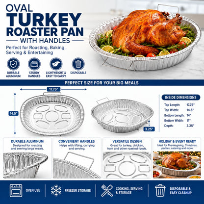 Combo Handle Rack Disposable Aluminum Foil for Turkey Roaster, Full Size, Half Size Pans with Basting Set Disposable Oval Turkey pan VeZee