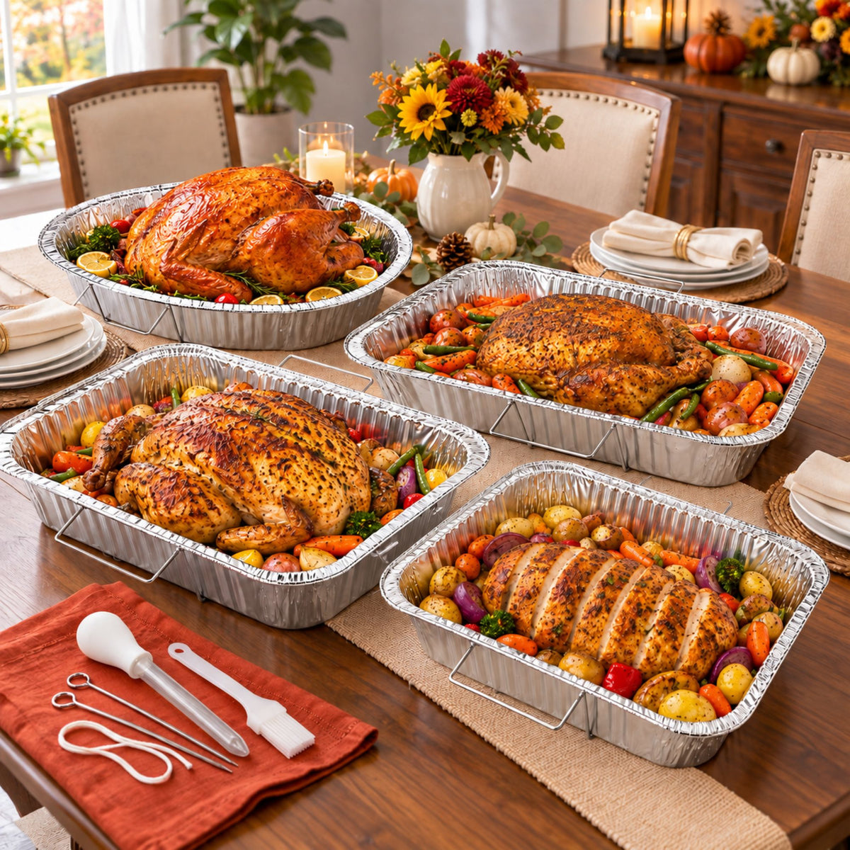 Combo Handle Rack Disposable Aluminum Foil for Turkey Roaster, Full Size, Half Size Pans with Basting Set Disposable Oval Turkey pan VeZee