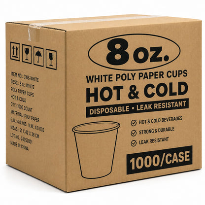*WHOLESALE* 8 oz White Poly Paper Cups Hot and Cold Disposable Leak Resistant Cups 1000/ Case Paper Cups VeZee