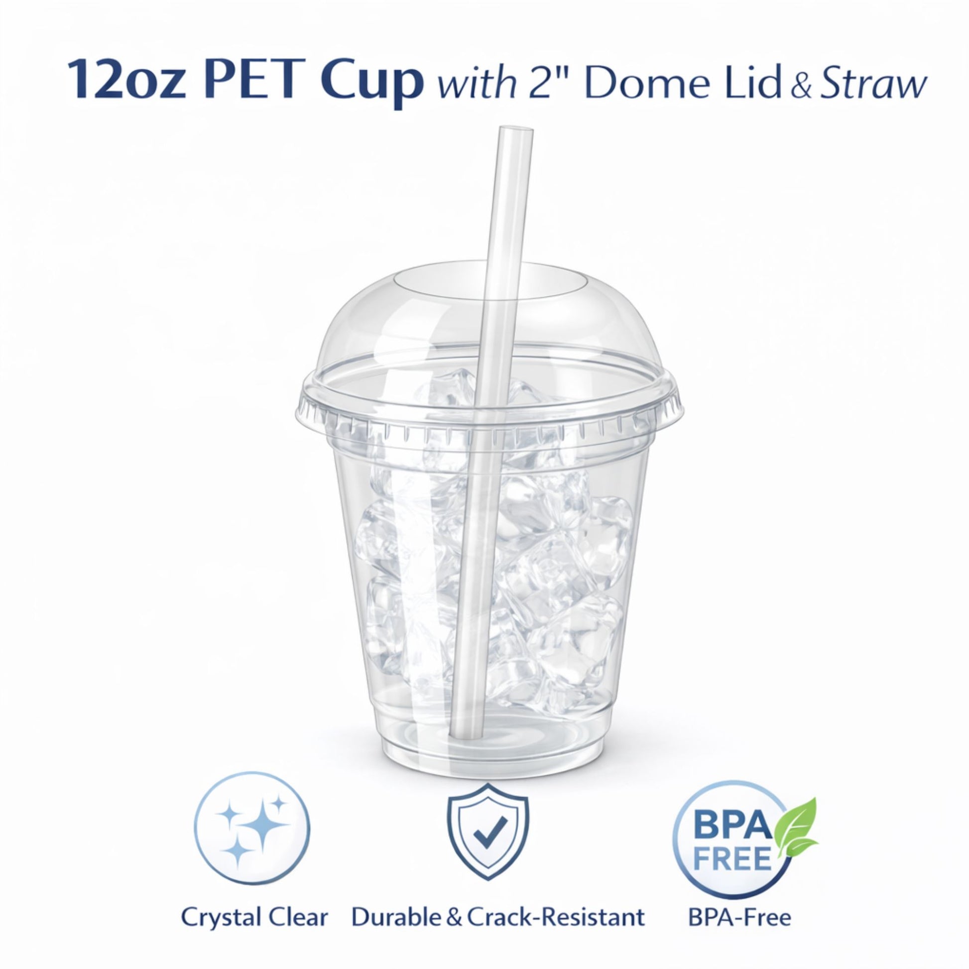 12oz Clear PET Cups with 2" Wide Hole Dome Lid & Straw Plastic Disposable Smoothie Cups VeZee