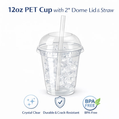12oz Clear PET Cups with 2" Wide Hole Dome Lid & Straw Plastic Disposable Smoothie Cups VeZee