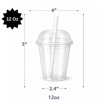 12oz Clear PET Cups with 2" Wide Hole Dome Lid & Straw Plastic Disposable Smoothie Cups VeZee