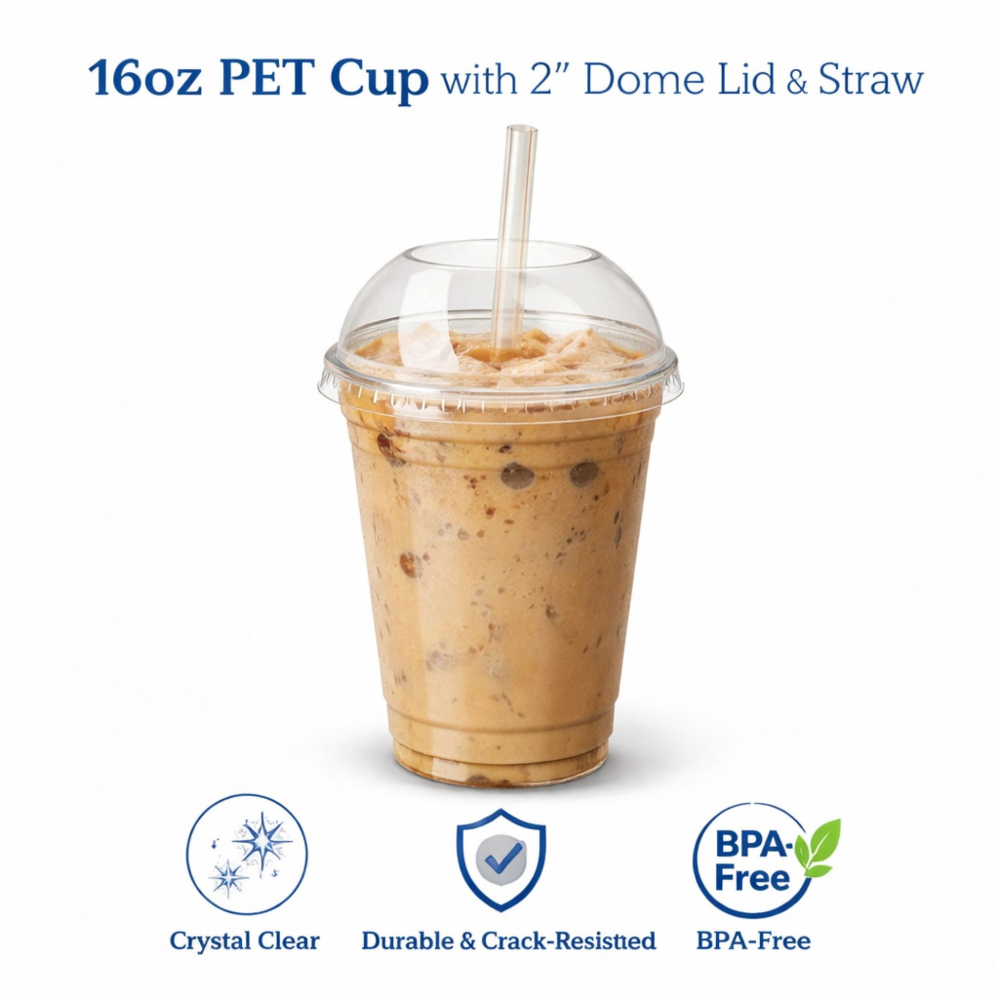 16oz Clear PET Cups with 2" Wide Hole Dome Lid & Straw Plastic Disposable Smoothie Cups VeZee