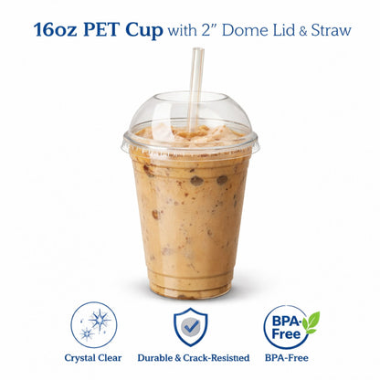 16oz Clear PET Cups with 2" Wide Hole Dome Lid & Straw Plastic Disposable Smoothie Cups VeZee