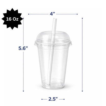 16oz Clear PET Cups with 2" Wide Hole Dome Lid & Straw Plastic Disposable Smoothie Cups VeZee