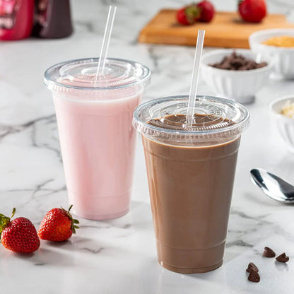 20oz Plastic Clear PET Cups With Flat Lid & Straw, for All Kinds of Beverages Smoothie Cups VeZee