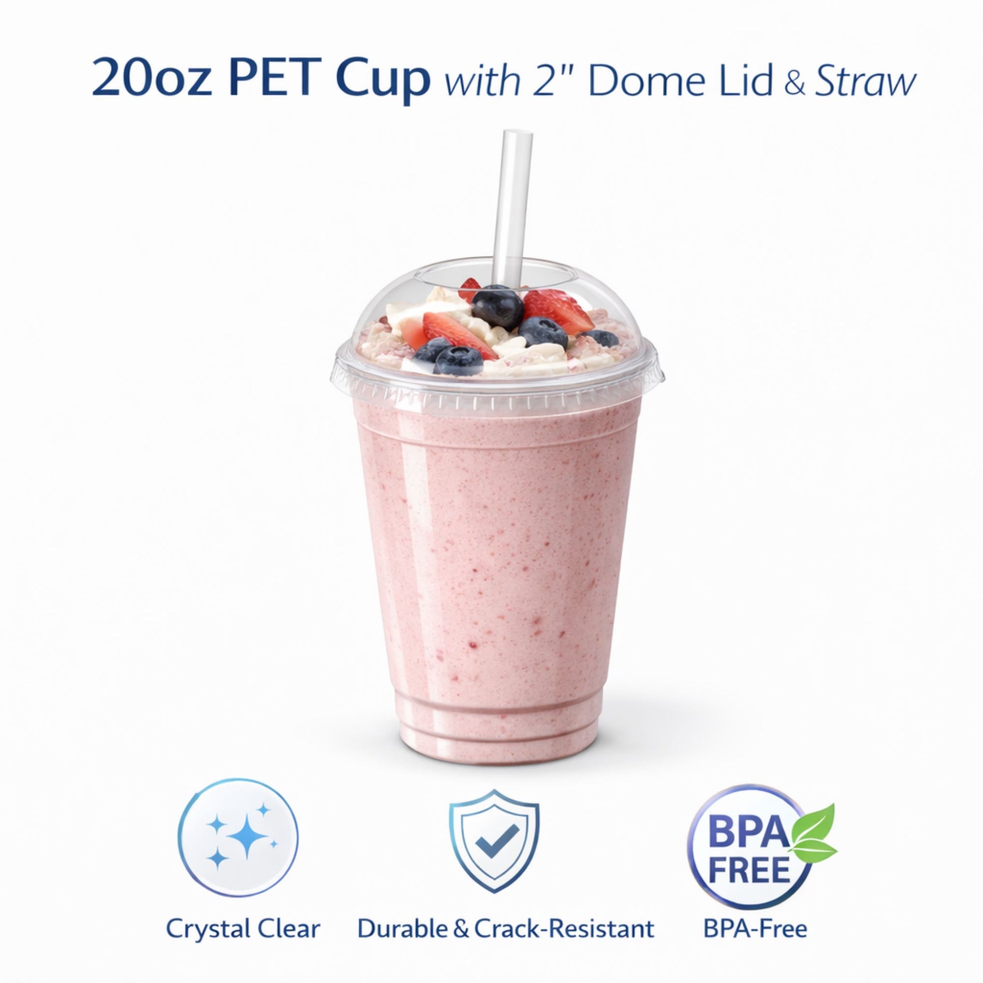 24oz Clear PET Cups with 2" Wide Dome Lid & Straw Plastic Disposable Smoothie Cups VeZee