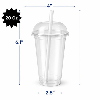 24oz Clear PET Cups with 2" Wide Dome Lid & Straw Plastic Disposable Smoothie Cups VeZee