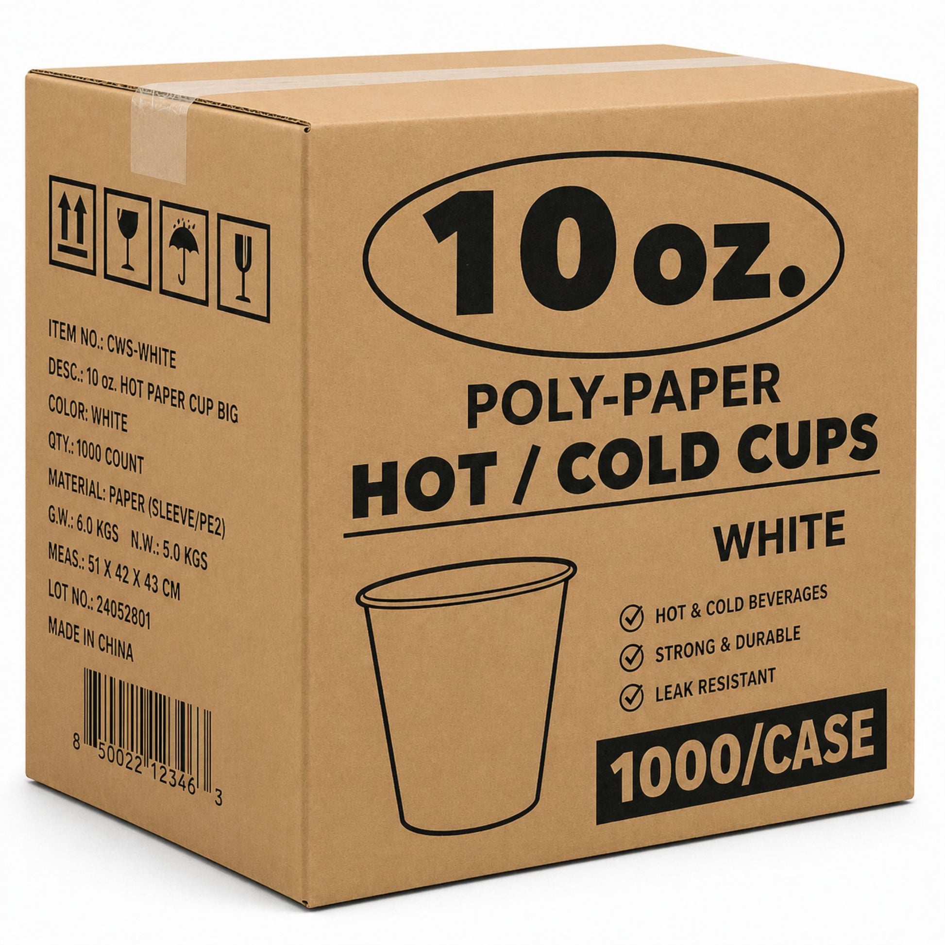 *WHOLESALE* 10 oz White Poly Paper Cups Hot and Cold Disposable Leak Resistant Cups: 1000/Case Paper Cups VeZee