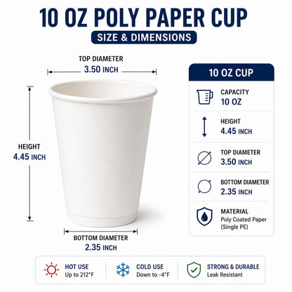 *BUY BULK* 10 oz White Poly Paper Cups Hot and Cold Disposable Leak Resistant Cups Paper Cups VeZee