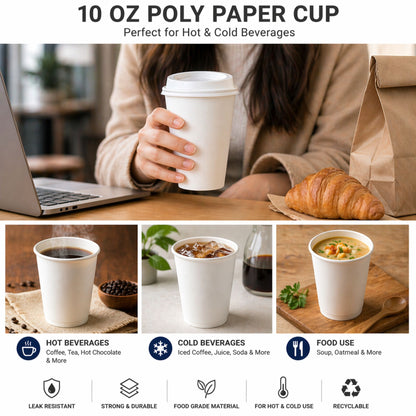 *BUY BULK* 10 oz White Poly Paper Cups Hot and Cold Disposable Leak Resistant Cups Paper Cups VeZee