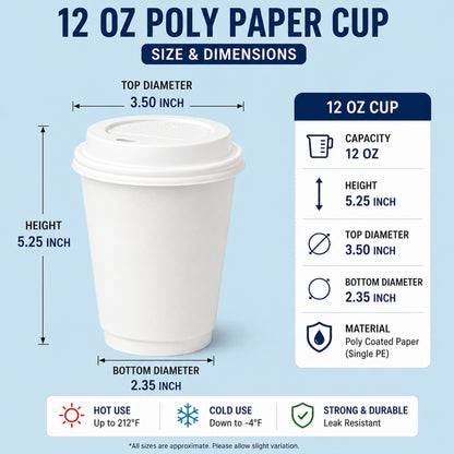*Buy Bulk* 12oz Disposable White Poly Paper Cups with White Dome Lids Hot & Cold Paper Cups VeZee