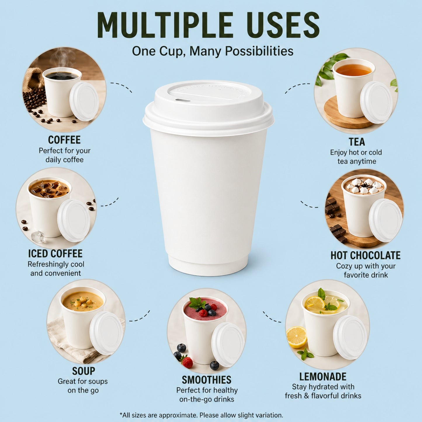 *Buy Bulk* 12oz Disposable White Poly Paper Cups with White Dome Lids Hot & Cold Paper Cups VeZee