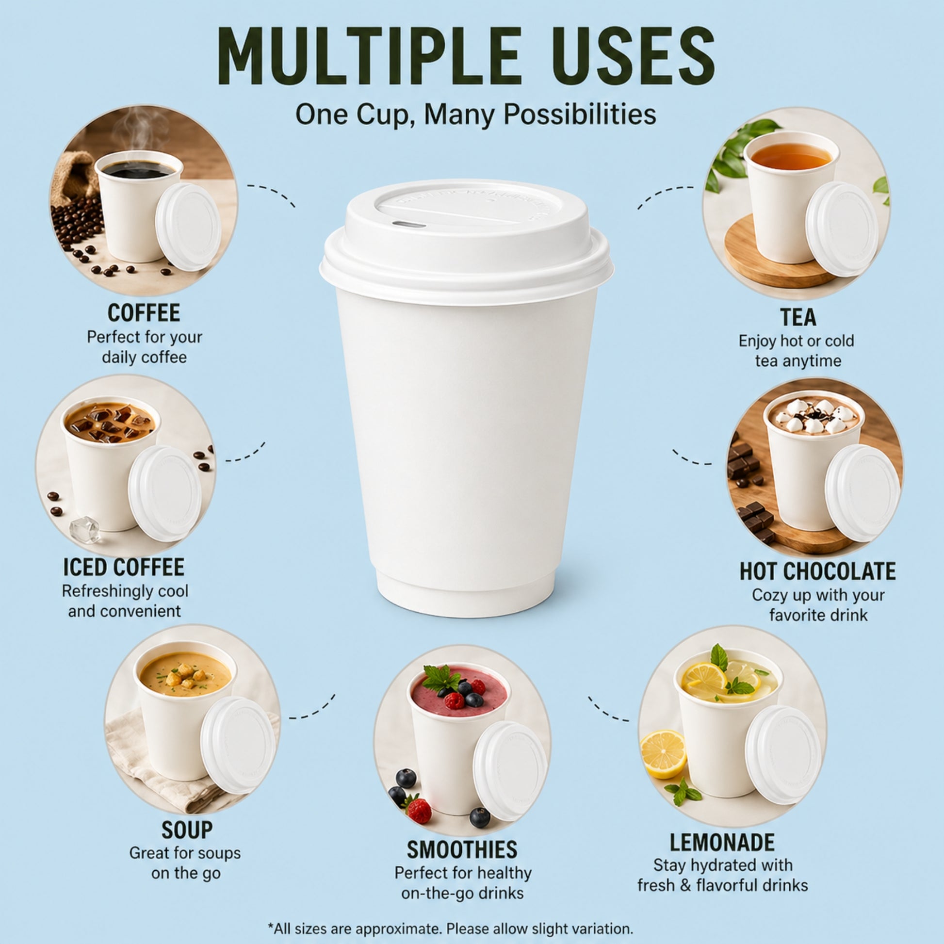 *Buy Bulk* 12oz Disposable White Poly Paper Cups with White Dome Lids Hot & Cold Paper Cups VeZee