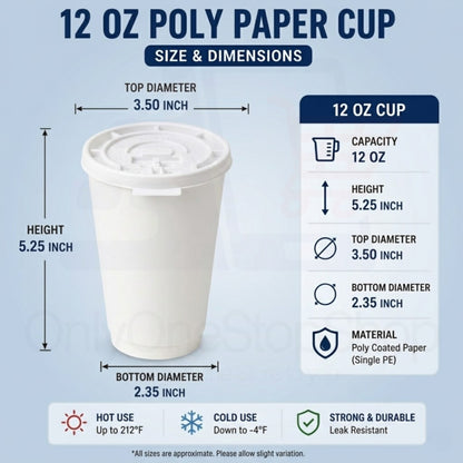 *Buy Bulk* 12oz Disposable Poly Paper Cups with White Lids Hot & Cold Paper Cups VeZee