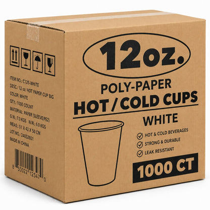 *WHOLESALE* 12 oz White Poly Paper Cups Hot and Cold Disposable Leak Resistant Cups 1000 Count Case Paper Cups VeZee