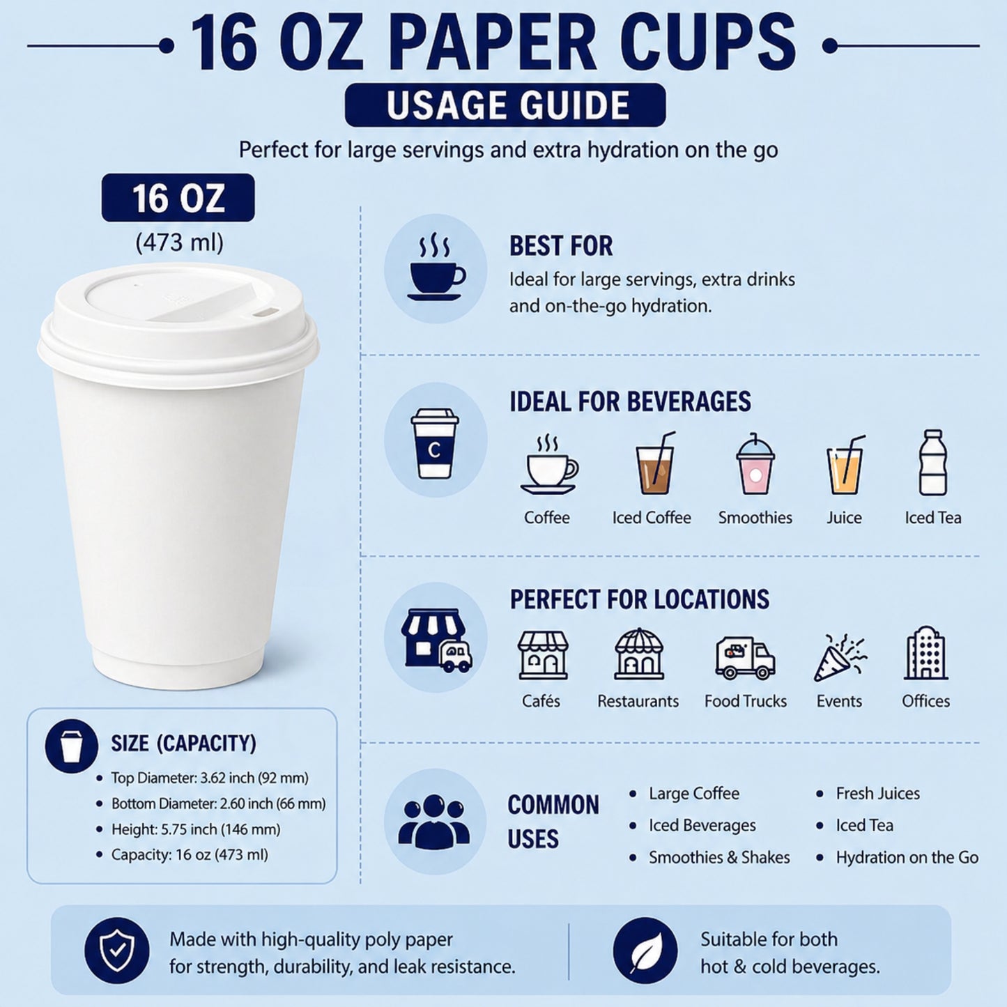 *Buy Bulk* 16oz Disposable White Poly Paper Cups with White Dome Lids Hot & Cold Paper Cups VeZee