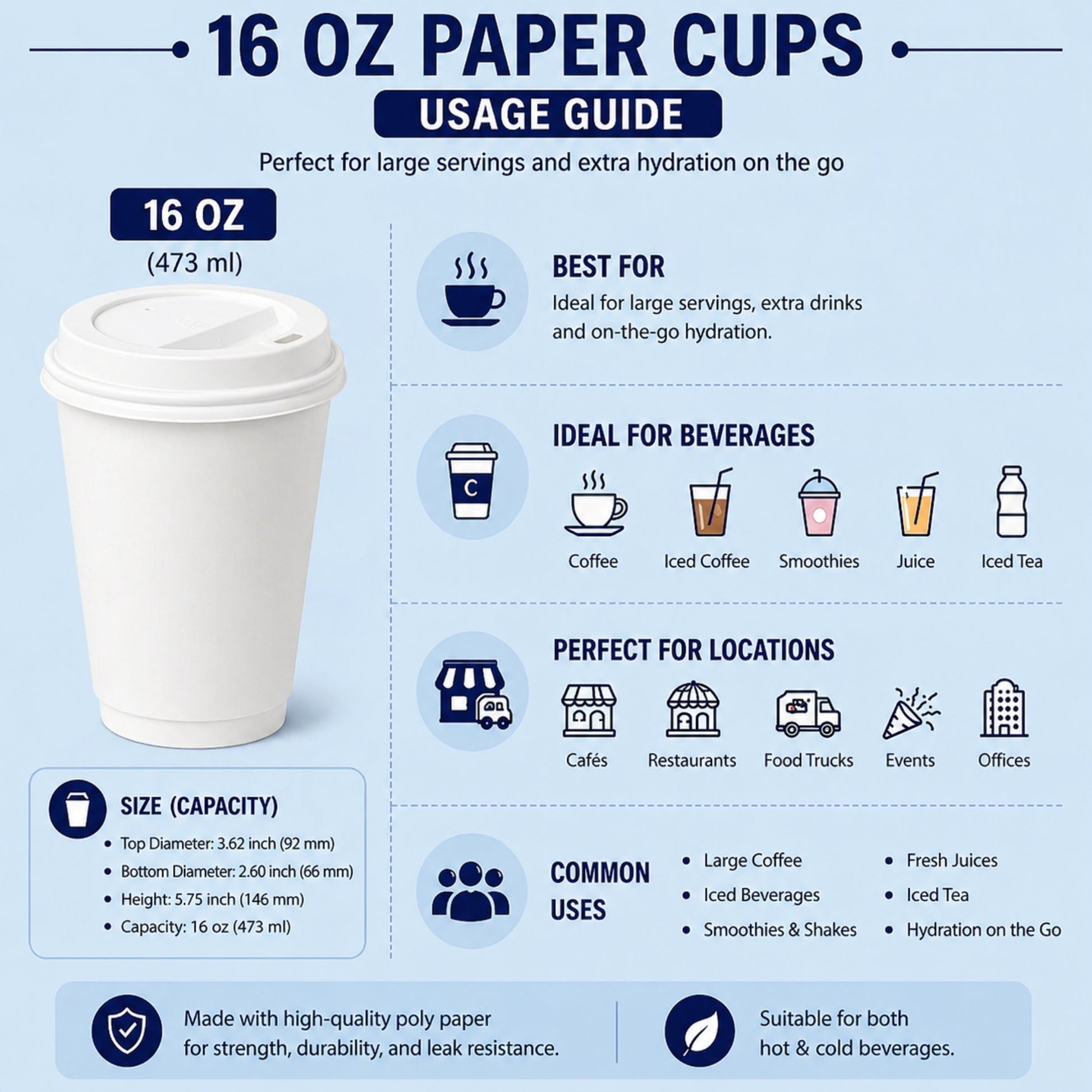 *Buy Bulk* 16oz Disposable White Poly Paper Cups with White Dome Lids Hot & Cold Paper Cups VeZee