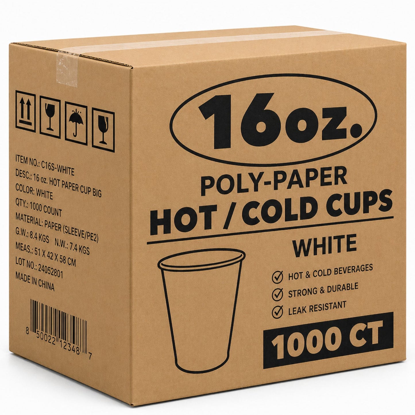 *WHOLESALE* 16 oz White Poly Paper Cups Hot and Cold Disposable Leak Resistant Cups 1000/Case Paper Cups VeZee